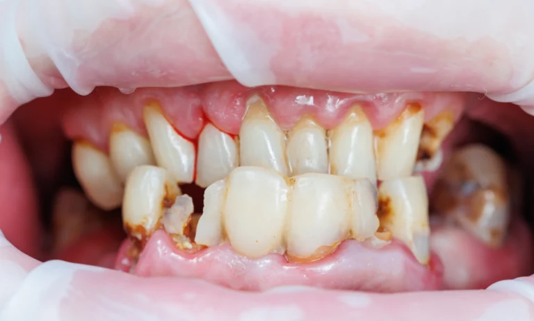 Severe tooth decay and cavities visible on multiple teeth with gum inflammation